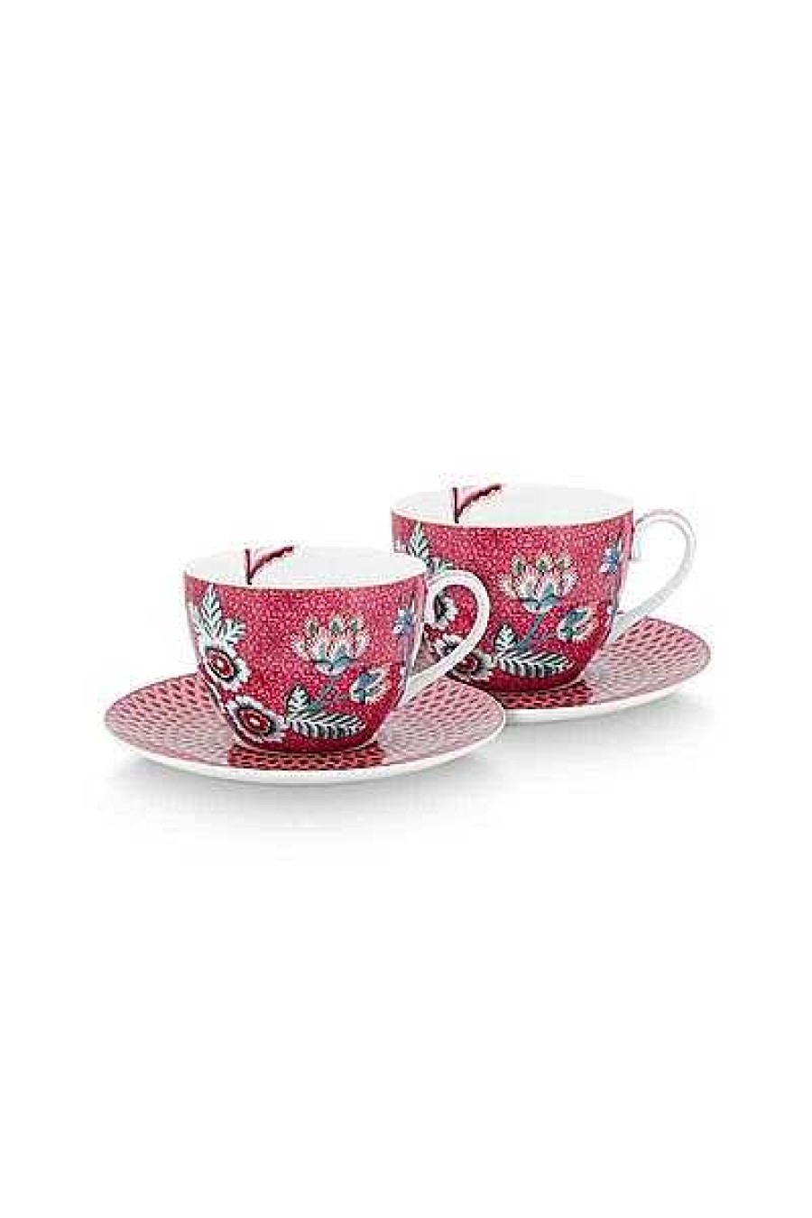 Pip Studio Lot De 2 Tasses Et Soucoupes A Cappuccino Flower Festival Rose Fonce Tous Collections