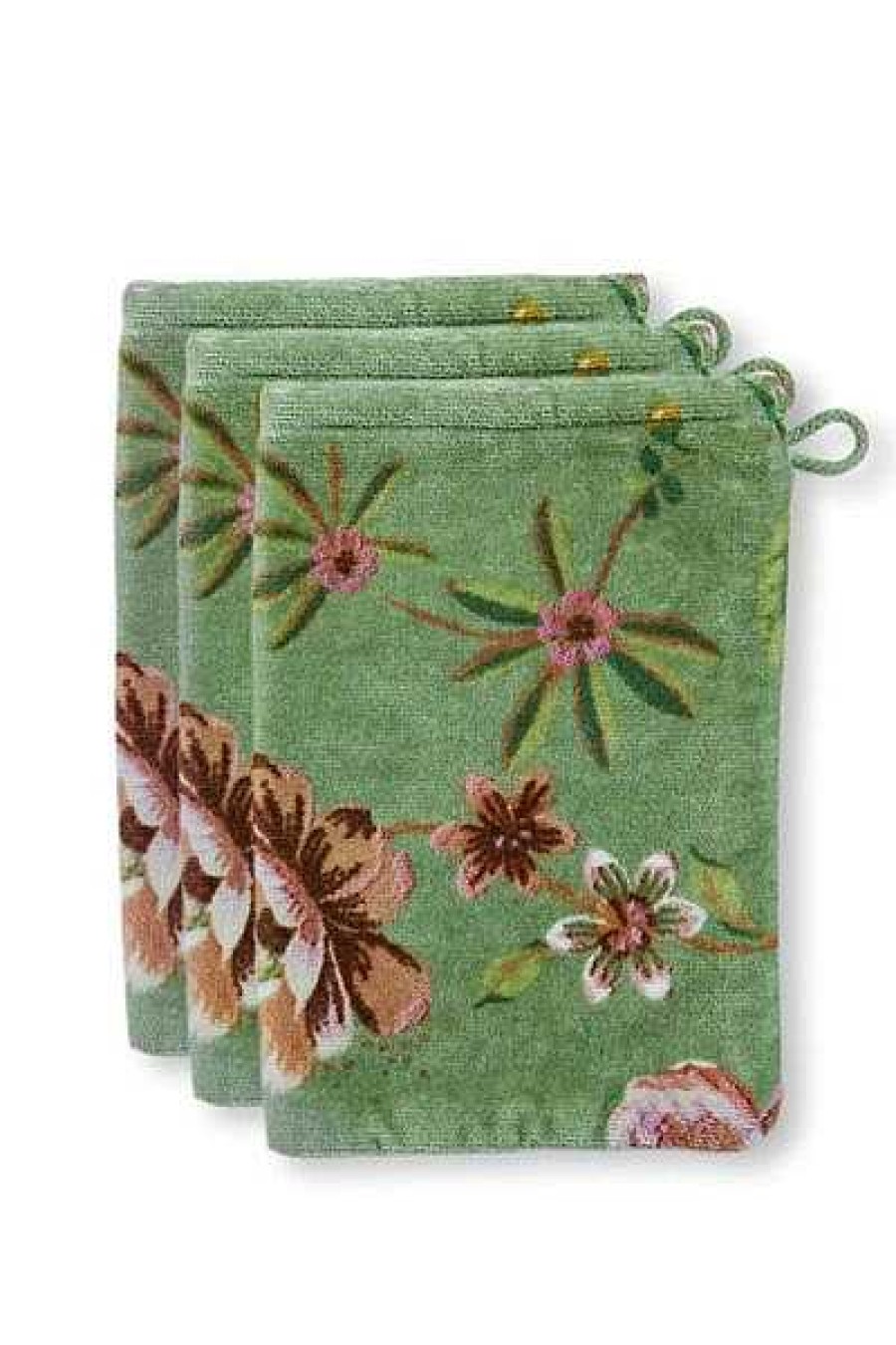 Pip Studio Lot De 3 Gants De Toilette Secret Garden Vert 16X22Cm Nouveau Linge De Bain