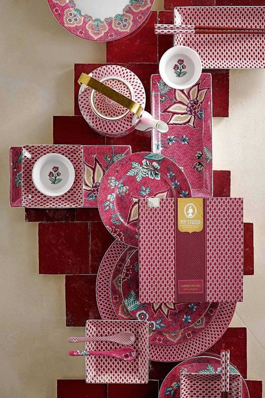 Pip Studio Lot De 4 Articles Assiettes Petit-Dejeuner Flower Festival Rose Fonce 21Cm Tous Collections