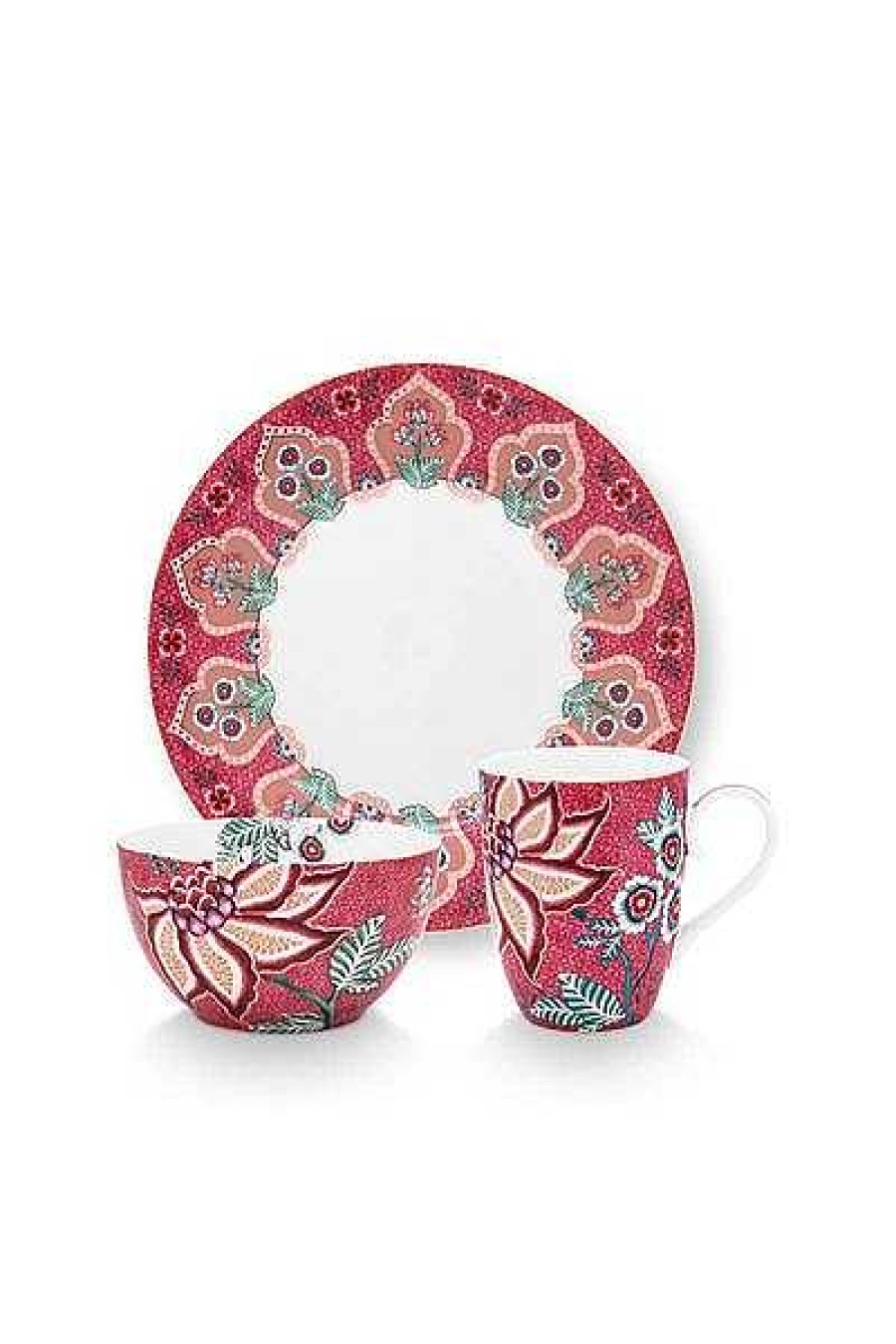 Pip Studio Lot De 3 Articles Pour Le Petit Dejeuner Flower Festival Rose Fonce Tous Collections